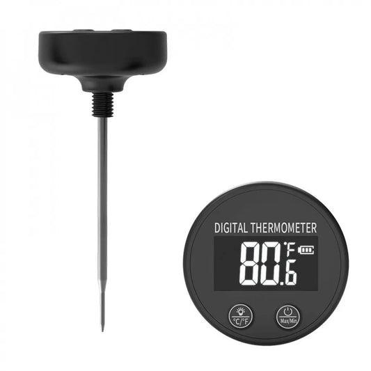 Digital thermometer probe with a round black display showing 80.6°F and a long metal probe, shown on a plain white background.