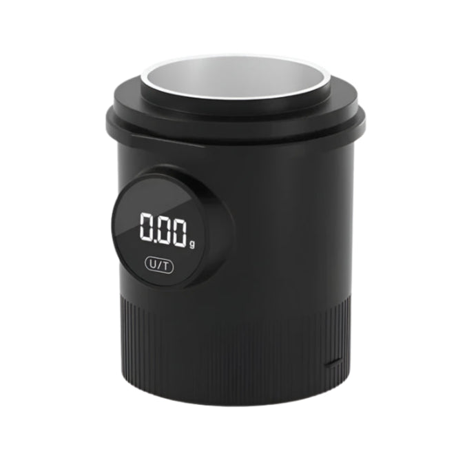 Black electronic device with digital display and dimensions labeled on a white background
