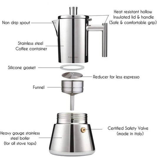 Stovetop Espresso Maker Stainless Steel Italian - POCILLO