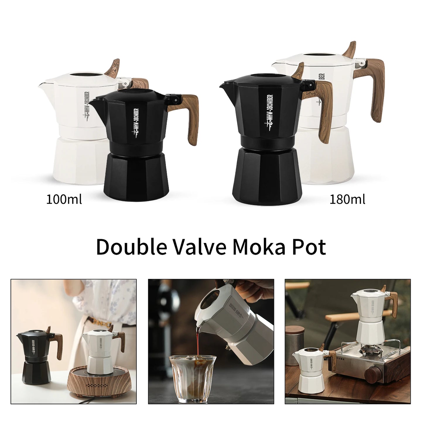 MHW-3BOMBER Double Valve Espresso Maker Moka Pot 100ml and 180ml