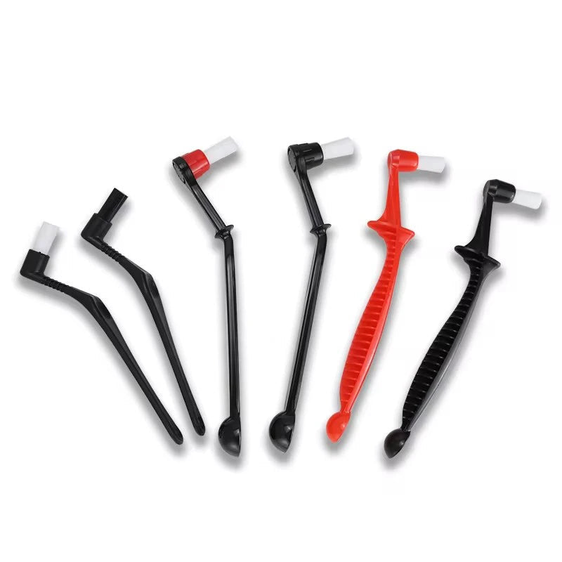 Set of coffee cleaning brushes with black and red options on a white background, branded as Cafe Gaga.